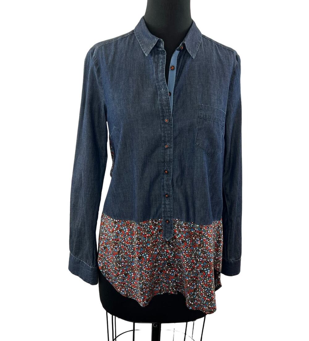 POSTMARK by ANTHROPOLOGIE Flora Spliced Button-Down Cotton Chambray Shirt Sz 6
